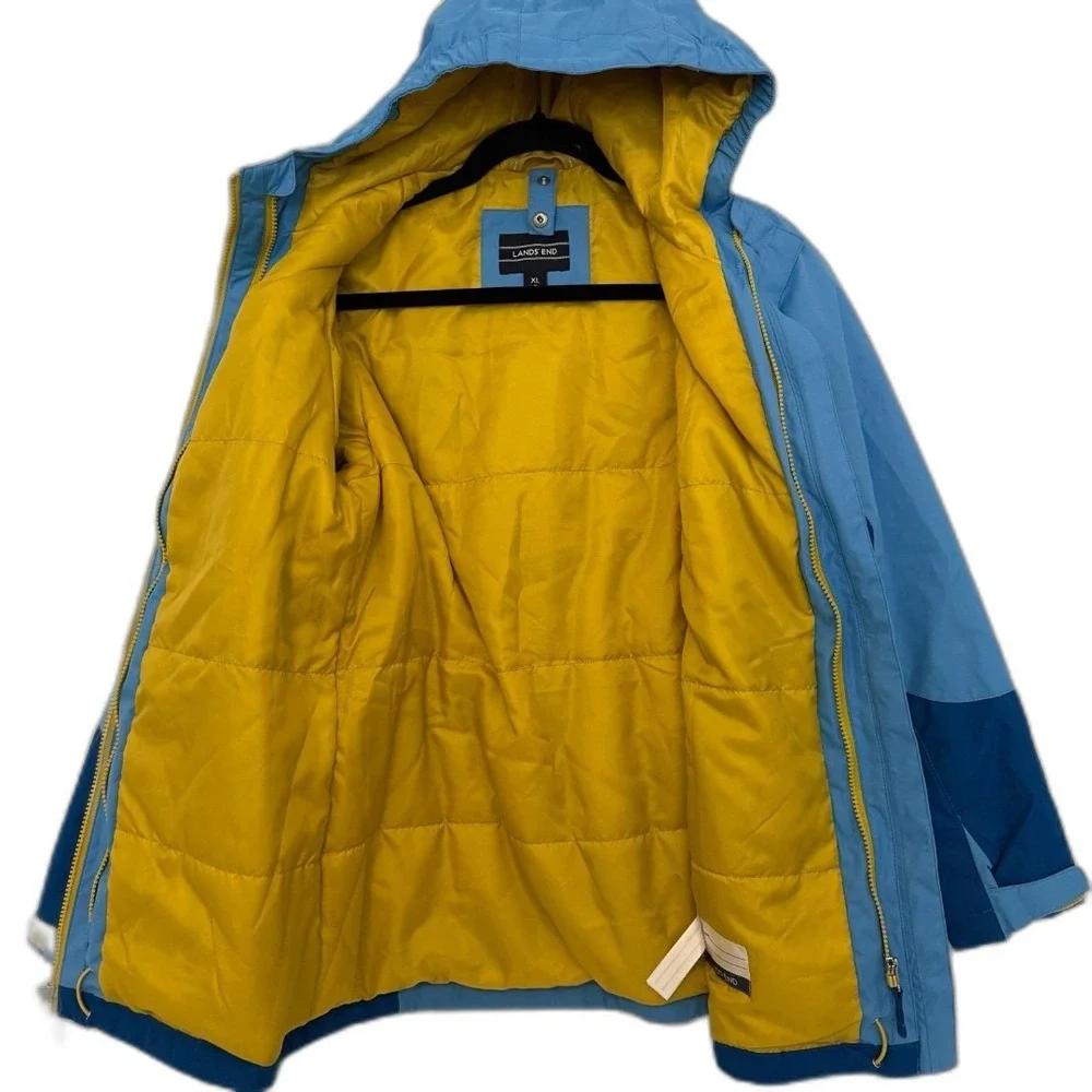 Lands' End Waterproof Jacket Kids XL 16 Blue Yellow Color-Block Hooded Insulated